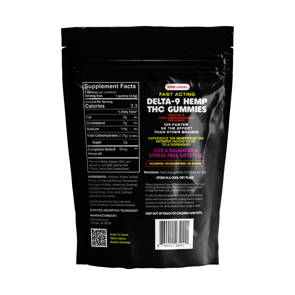 Black packaging of Rocket Domes Delta-9 Hemp THC Gummies with supplement facts and ingredients listed.