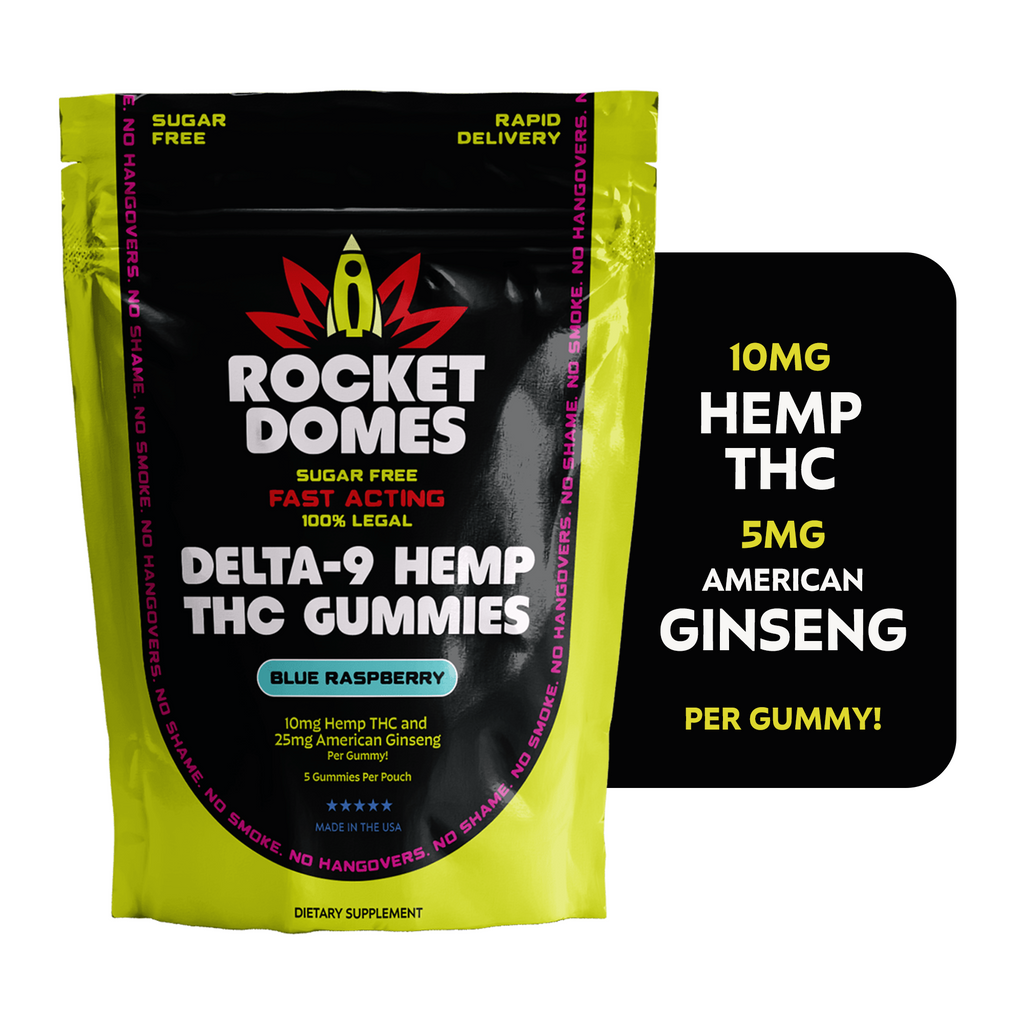 Rocket Domes Delta-9 Hemp THC Gummies packaging with product details