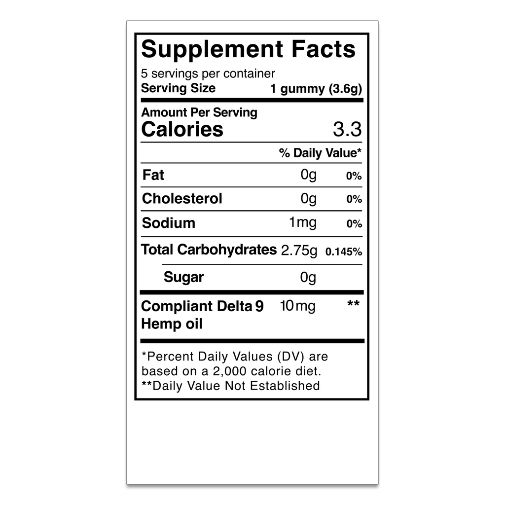 Supplement facts label for Rocket Domes gummy with delta 9 hemp oil