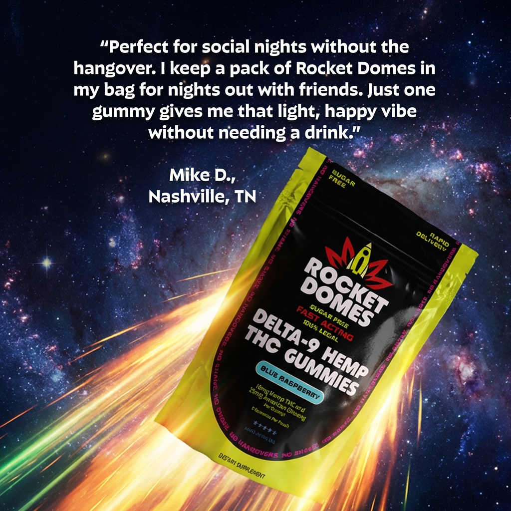 Rocket Domes Delta-9 Hemp THC Gummies packaging with a space-themed background and customer testimonial.