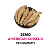 Dried American ginseng roots on a white background with text about gummy dosage.
