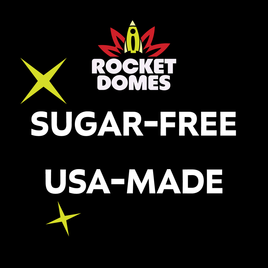 Rocket Domes logo with 'Sugar-Free' and 'USA-Made' text on a black background