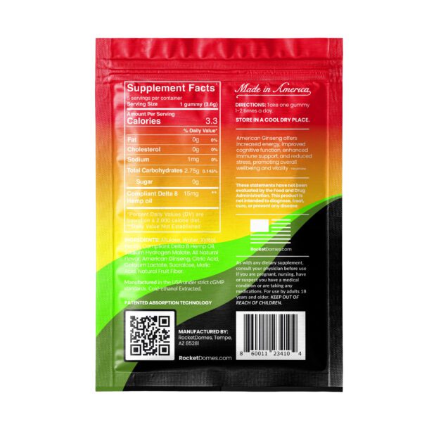 Rocket Domes SIngle Pack of Delta 9 THC gummies backside | 1 Pack of Organic Delta 9 sugar free edibles by Rocket Domes