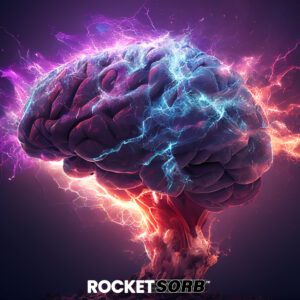 Rocketsorb™ logo | Purple brain graphic with electricity to represent our Rocketsorb™ technology for water soluble D8 & D9 THC gummies